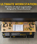 72 Inch Rolling Tool Chest With Upper Cabinet And Pegboard On Wheels, 18 Drawer Beefy Heavy Duty Tool Storage Cabinet Plus Wooden Workbench, Lockable Steel Toolbox For Garage Or Shop Or Warehouse, Durable Black Finish, top view