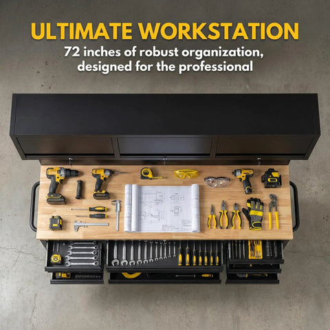 72 Inch Rolling Tool Chest With Upper Cabinet And Pegboard On Wheels, 18 Drawer Beefy Heavy Duty Tool Storage Cabinet Plus Wooden Workbench, Lockable Steel Toolbox For Garage Or Shop Or Warehouse, Durable Black Finish, top view