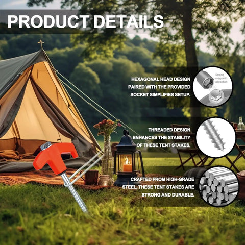 8 Pack Beefy Heavy Duty Screw In Tent Stakes 8 Inch Ground Anchors With Hex Head For Camping Tents in outdoor setting