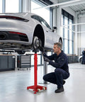 Heavy Duty Underhoist Support Stand With Dual Height Adjustments For Car Lifts And Garage Jobs Up To Three Quarter Ton Capacity in use.