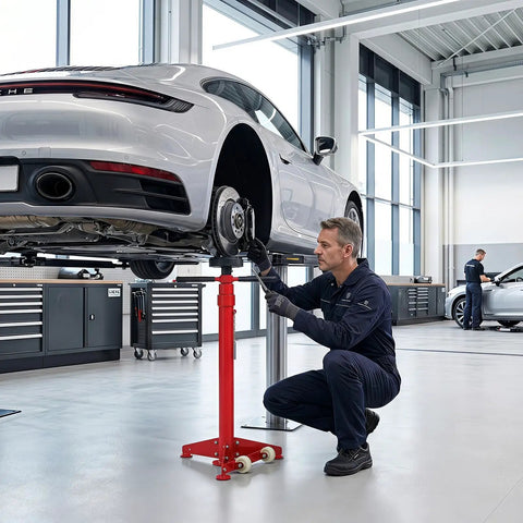 Heavy Duty Underhoist Support Stand With Dual Height Adjustments For Car Lifts And Garage Jobs Up To Three Quarter Ton Capacity in use.