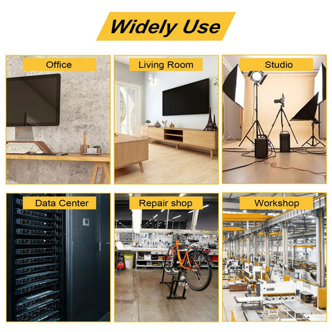Collage of office, living room, studio, data center, repair shop, workshop using Beefy 16 Outlet Surge Protector Power Strip With 10 Ft