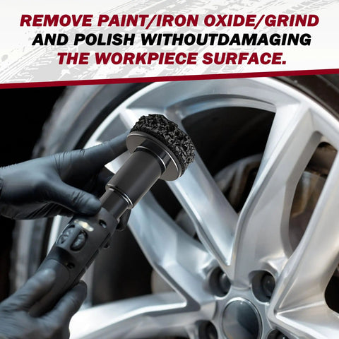 Gloved hand using Wheel Hub Cleaning Tool Set With Five Cleaning Heads For Passenger Cars And Trucks on alloy wheel hub