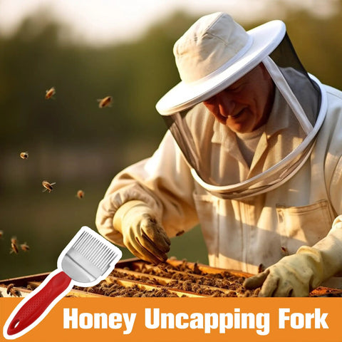 Beekeeper using Beekeeping Honey Uncapping Fork With 18 Stainless Steel Tines And Plastic Handle for honey extraction