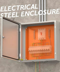 Open IP66 Waterproof Electrical Enclosure Box 16x16x8 Inches showing interior, mounted on wall, showcasing steel housing.