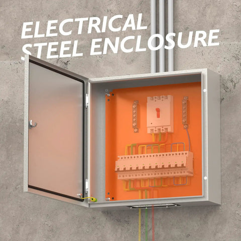 Open IP66 Waterproof Electrical Enclosure Box 16x16x8 Inches showing interior, mounted on wall, showcasing steel housing.