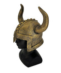 Kids Viking Horned Helmet For Costume Play LARP And Halloween, bronze finish on mannequin, side view
