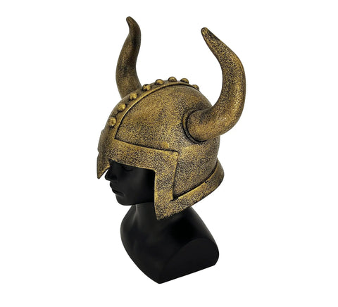 Kids Viking Horned Helmet For Costume Play LARP And Halloween, bronze finish on mannequin, side view