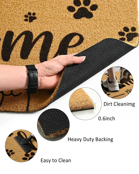 Front Door Mat 17x30 Welcome Mat With Paws Pattern, heavy-duty backing, faux coco coir, non-slip TPR, easy to clean.