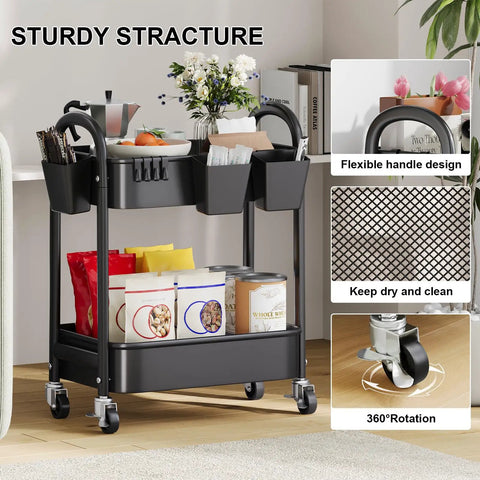 Two Tier Rolling Cart With Wheels Heavy Duty Metal Storage Organizer with supplies in office setting