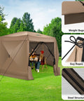 15x15 Foot Pop Up Gazebo Screen Tent for Camping with mosquito netting, shown installed in a backyard with steel structure details.