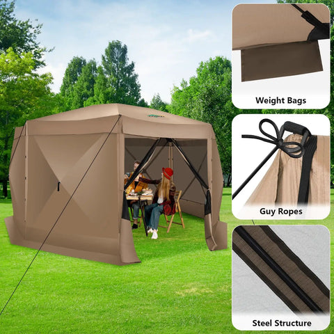 15x15 Foot Pop Up Gazebo Screen Tent for Camping with mosquito netting, shown installed in a backyard with steel structure details.