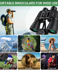 Man using 20x50 High Power Waterproof Binoculars for adults with low light vision, image shows various activities like bird watching and concerts.