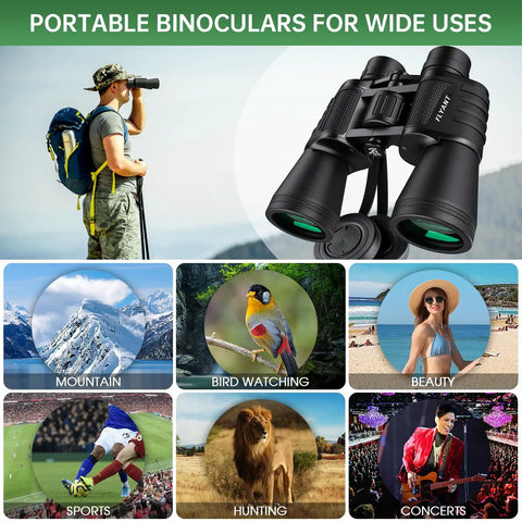 Man using 20x50 High Power Waterproof Binoculars for adults with low light vision, image shows various activities like bird watching and concerts.