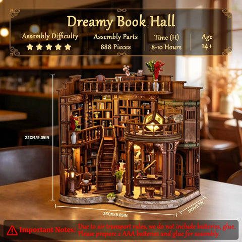 Cozy Chill Book Nook Kit For Adults, DIY Miniature Dollhouse Kit with 3D Wooden Puzzles, 888-piece set with realistic stairs and LED light on display.