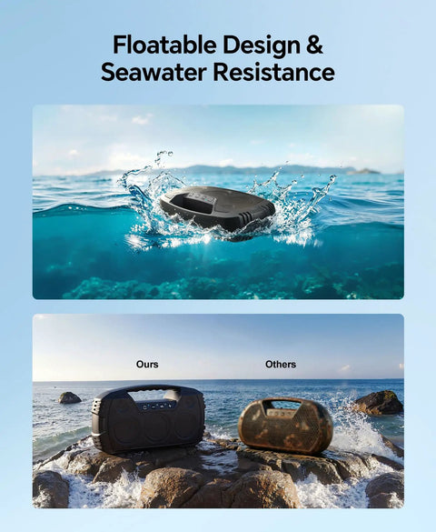 Rugged Outdoor Bluetooth Speaker IPX7 Waterproof floating on water showcasing seawater resistance and durability in two side-by-side images.