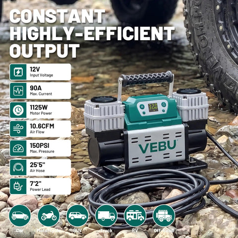 Heavy Duty 12V Air Compressor Tire Inflator With Auto Shut Off Digital Preset 150PSI displayed on gravel surface.