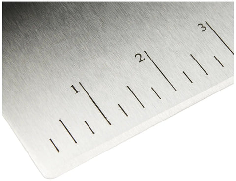 Close-up of the Top Notch Pro Grade Stainless Steel Bench Scraper Dough Cutter With One Quarter Inch Measurement Marks 6 Inch Blade