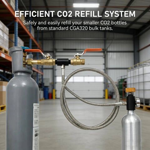 CO2 Refill Adapter for Soda Makers with 24 Inch Stainless Braided Hose, Pressure Gauge and Dual On Off Valves in warehouse