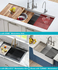 Top view of Multipurpose Workstation Sink Roll-Up Dish Drying Rack With Colander And Trivet, Black Finish, in various workstation sinks
