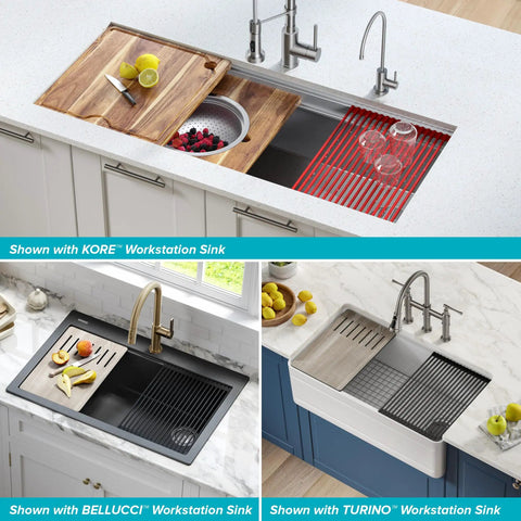 Top view of Multipurpose Workstation Sink Roll-Up Dish Drying Rack With Colander And Trivet, Black Finish, in various workstation sinks