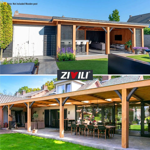 Outdoor pergola with Heavy Duty 4 Pack Pergola Brackets For Wood Support, 4 By 4 Inch, 45 Degree Arc Angle, Q235 Steel One Piece Forged.