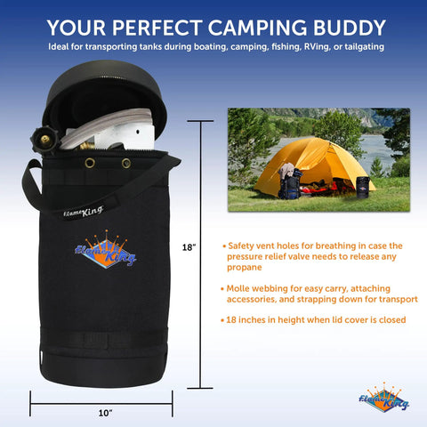 Gas Hauler Pro Kit With 10Lb Propane Tank And 5Ft Steel Braided Adapter Hose In Insulated Carry Case For Camping And Outdoor Adventures displayed alongside a camping tent backdrop.