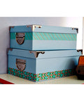 Decorative Washi Tape for Planners and Crafts, Blurred Lines Pattern on blue storage boxes with metal corners