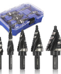 Pro Grade Workhorse 5 Piece High Speed Steel Step Drill Bit Set For Sheet Metal With 50 Hole Sizes Double Flute Cutting Nitride Black Coated And Polished Finish Includes Storage Box displayed with transparent case and five drill bits.