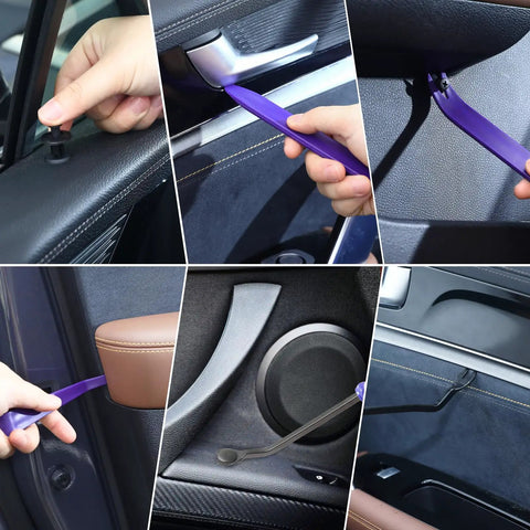 Using tools from All In One 265 Piece Car Bumper Retainer Clip Kit With Six Size Plastic Rivets Auto Fasteners in a car interior.