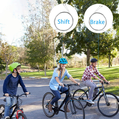 Cyclists in park with Universal 2M Bike Brake And Gear Shifter Cable Set For Mountain Bikes With End Caps Ferrules O Rings And Housing End Caps Pro Grade Easy Install For MTB No Fuss Install overlay