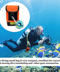 Diver with Orange Mesh Scuba Diving Gear Bag With Snorkeling Equipment Storage Pocket for SMBs Reels Gloves Flashlights on coral reef