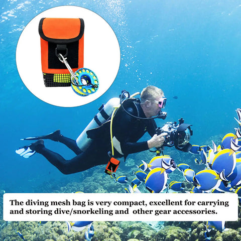 Diver with Orange Mesh Scuba Diving Gear Bag With Snorkeling Equipment Storage Pocket for SMBs Reels Gloves Flashlights on coral reef