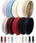 Complete 4.5 Meter Nylon Zipper Repair Kit With 10 Matching Plastic Pulls For Size 3 Zip Tape In Sky Blue Perfect For Apparel Textile Luggage DIY Sewing And Craft Projects showing assorted colored tapes and pulls.