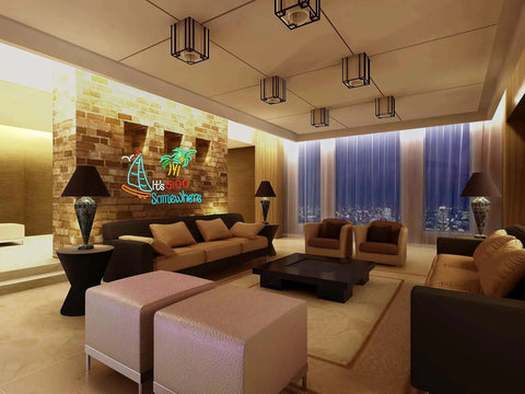 Living room with "Five O Clock Somewhere Neon Sign Real Glass Handmade Bar Wall Decor For Home Pub Man Cave Party Nightlife Glow Lights Classic Cock