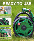 Retractable 50 Ft Garden Hose Reel With Half Inch Hose And 10 Pattern Nozzle on grass, showing couplers, storage, and flow control.
