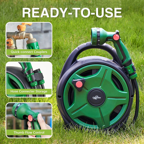 Retractable 50 Ft Garden Hose Reel With Half Inch Hose And 10 Pattern Nozzle on grass, showing couplers, storage, and flow control.