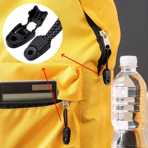 50 Pcs Zipper Pull Tabs And Cord Ends Kit For Paracord Molle Backpacks shown on yellow backpack.
