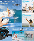 1080P HD Foldable Drone With Carrying Case For Adults flying above beach with real-time video on mobile, showcasing camera angles.