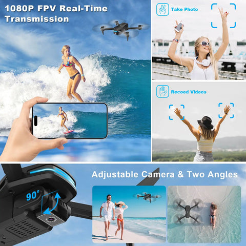 1080P HD Foldable Drone With Carrying Case For Adults flying above beach with real-time video on mobile, showcasing camera angles.