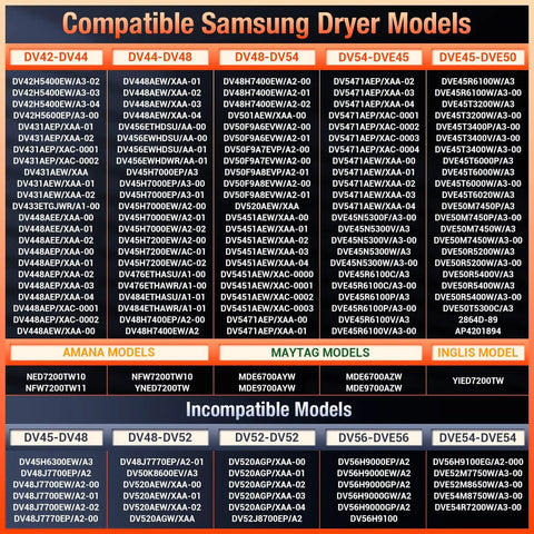 List of compatible Samsung dryer models for Dryer Heating Element for Samsung Replacement DC47-00019A