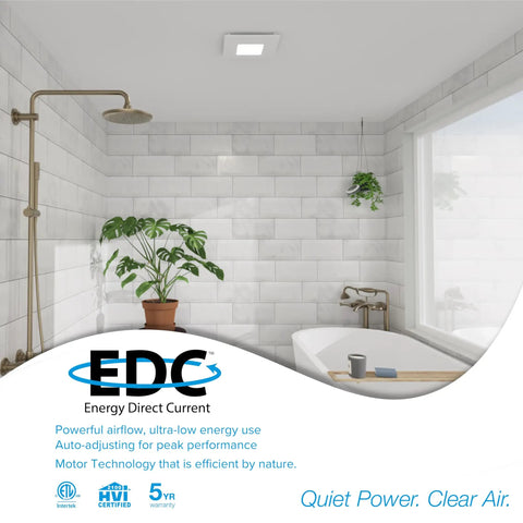 Attic Free Bathroom Exhaust Fan With Bright Built In Light And Three Speed Airflow installed in a modern bathroom ceiling.