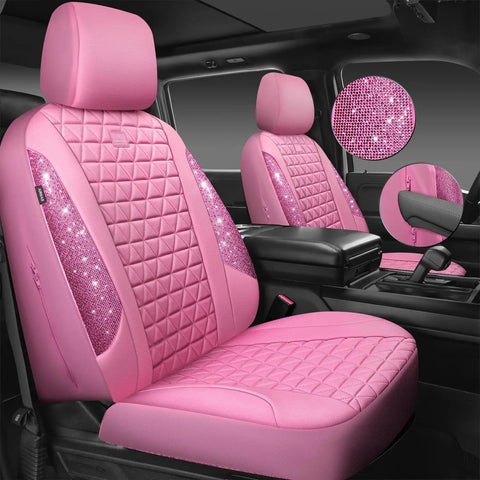 Blinged Out Pink Leather Car Seat Covers Full Set Waterproof Glitter Crystal Rhinestone Sparkle With Universal Fit