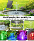 12W Solar Fountain Pump with Battery Backup and Remote RGB LED Lights in garden pond with eight nozzles