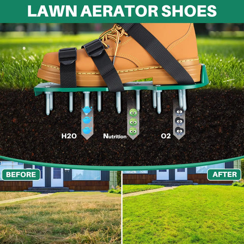 Diagram showing 2 Pairs Lawn Aerator Shoes With Adaptable Straps Heavy Duty Spiked Sandals aerating soil with before and after lawn images
