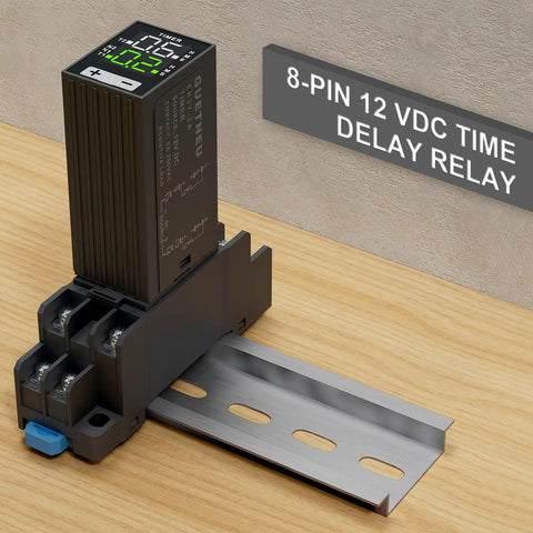 Liquid Crystal Display Time Relay With Dual Time Delay Function Double Pole Double Throw 12 Volt Direct Current Plug In Socket Rugged ABS Housing Silver Alloy Contacts