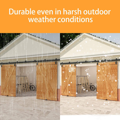 Beefy Heavy Duty 14Ft Exterior Barn Door Hardware Kit For Two Sliding Doors, Wall Mount Track System demonstrating weather resistance