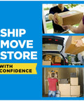 Collage of people packing boxes into car and home, with text 'Ship, Move, Store with Confidence.'