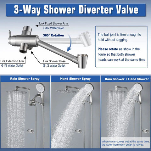3-way diverter valve for Brushed Nickel Waterfall Shower Head With Handheld Spray Combo Featuring 3 Way Diverter Extension Arm Stainless Steel Hose And Holder