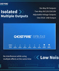 Image of blue eight-channel isolated pedal power supply with 9V, 12V, 15V, 18V outputs and 5V USB, showcasing low noise.